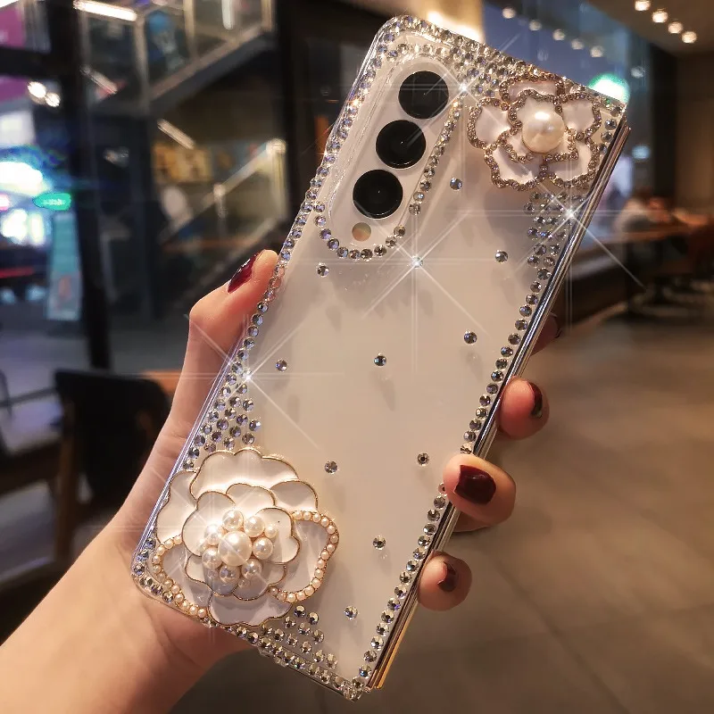 Cover per telefono camelia con perle di diamanti di lusso per Samsung Galaxy Z Fold6 Z Fold 5 custodia rigida per PC con strass Bling per Z Fold 4 3