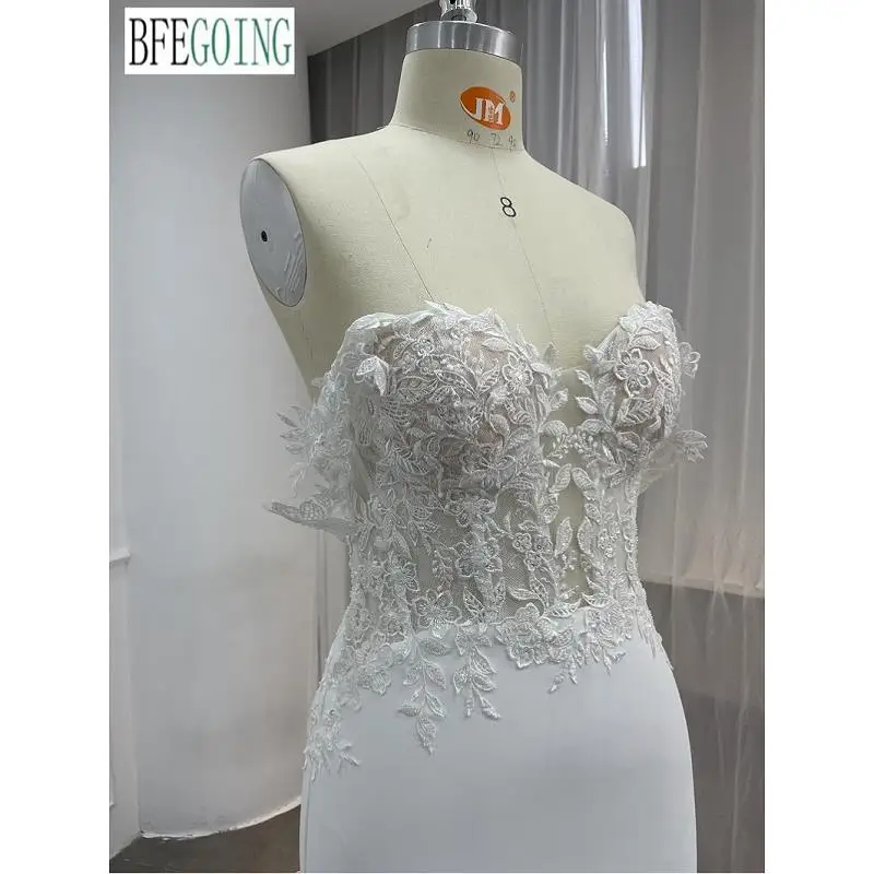 Vestidos de novia con apliques de encaje de crepé de marfil, sirena/trompeta hasta el suelo, tren de la capilla, vestidos de novia hechos a medida