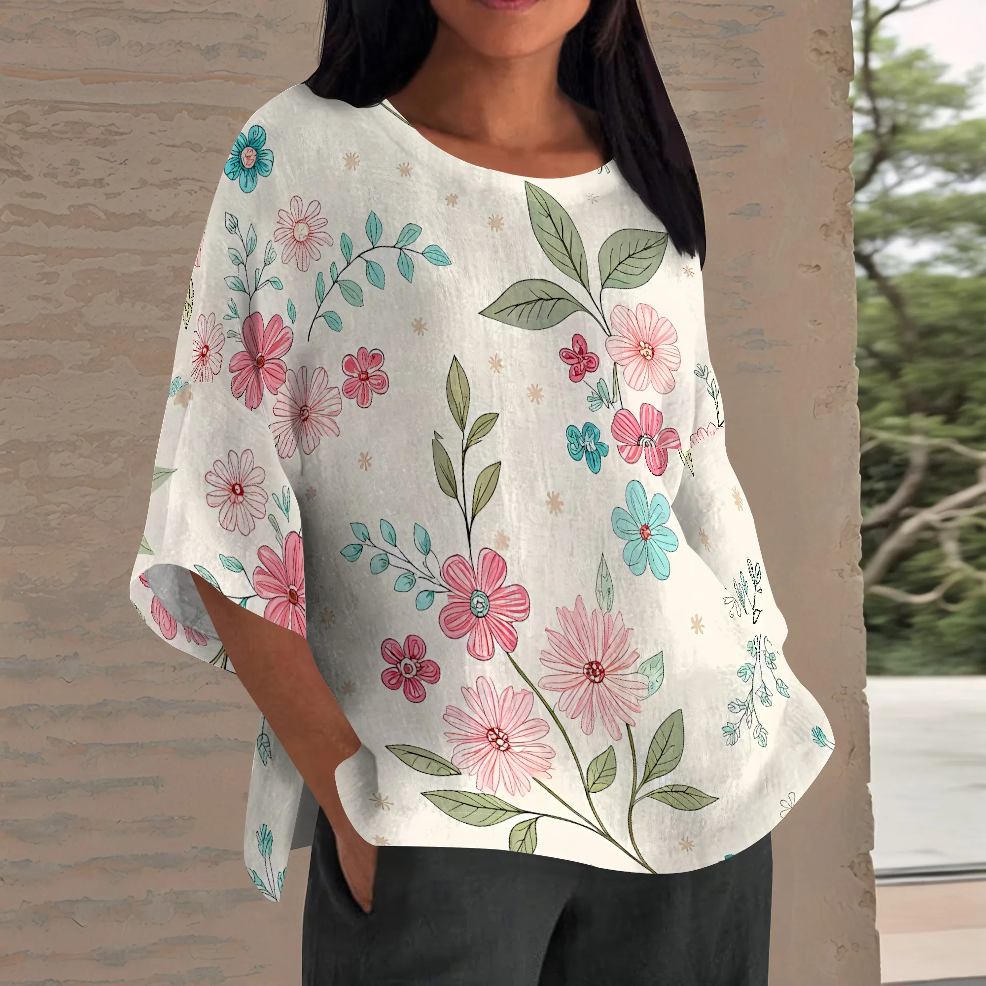 

EQQZD Half-sleeve Round Neck Top, Elegant & Beautiful Floral Print Tops for Women, Stylish Casual Loose Top
