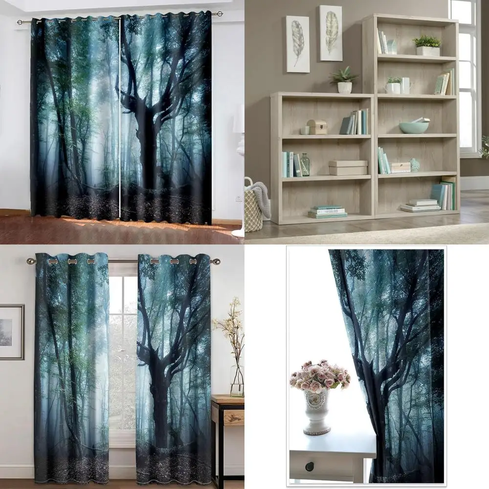 Cortinas transparentes de poliéster preto e verde com padrão de árvore psicodélica, 92 x 90, conjunto de 2
