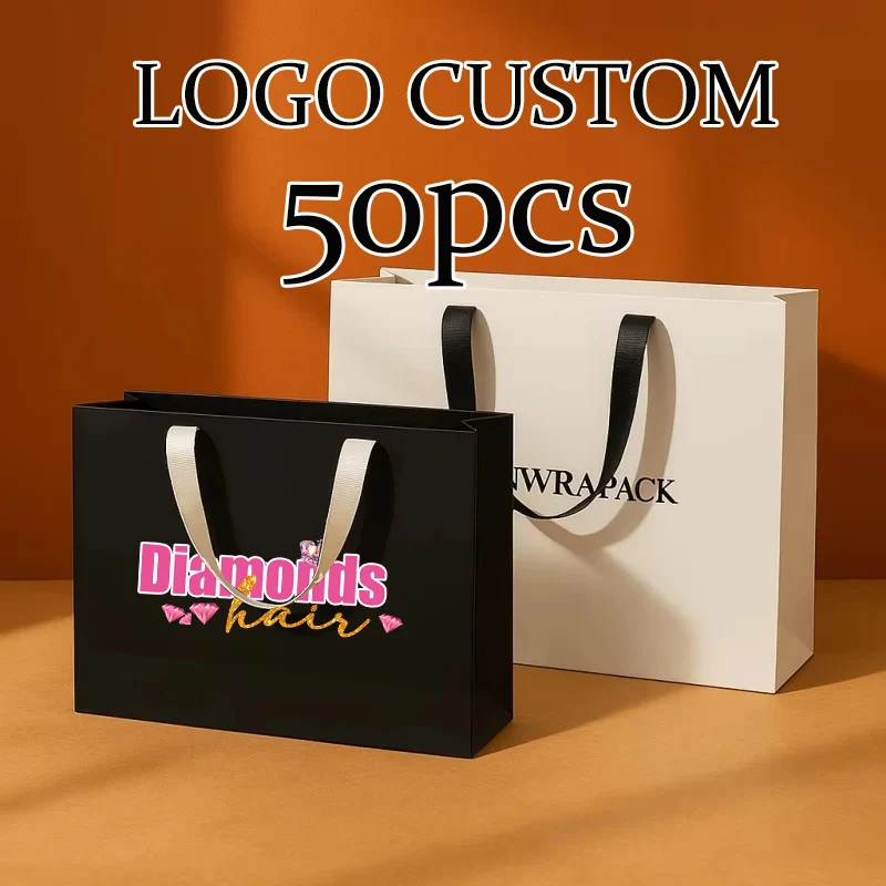 

Бумажные пакеты с ручками для бутиков, 50 шт., сумки-тоут, подарочные пакеты для покупок, с возможностью нанесения логотипа, многоразовые большие пакеты 32x28x11 см