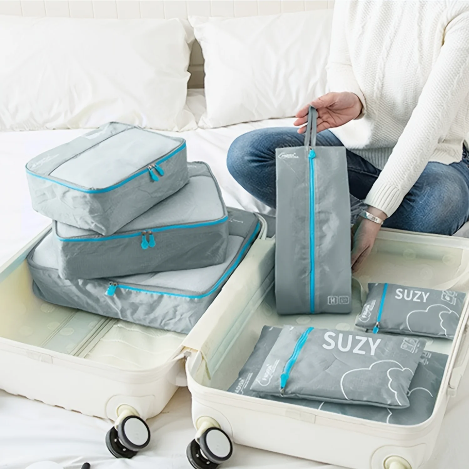 7pcs/set Travel  Bag, Portable Luggage Suitcase Organizer, Underwear Shoes Lingerie Packing Cube