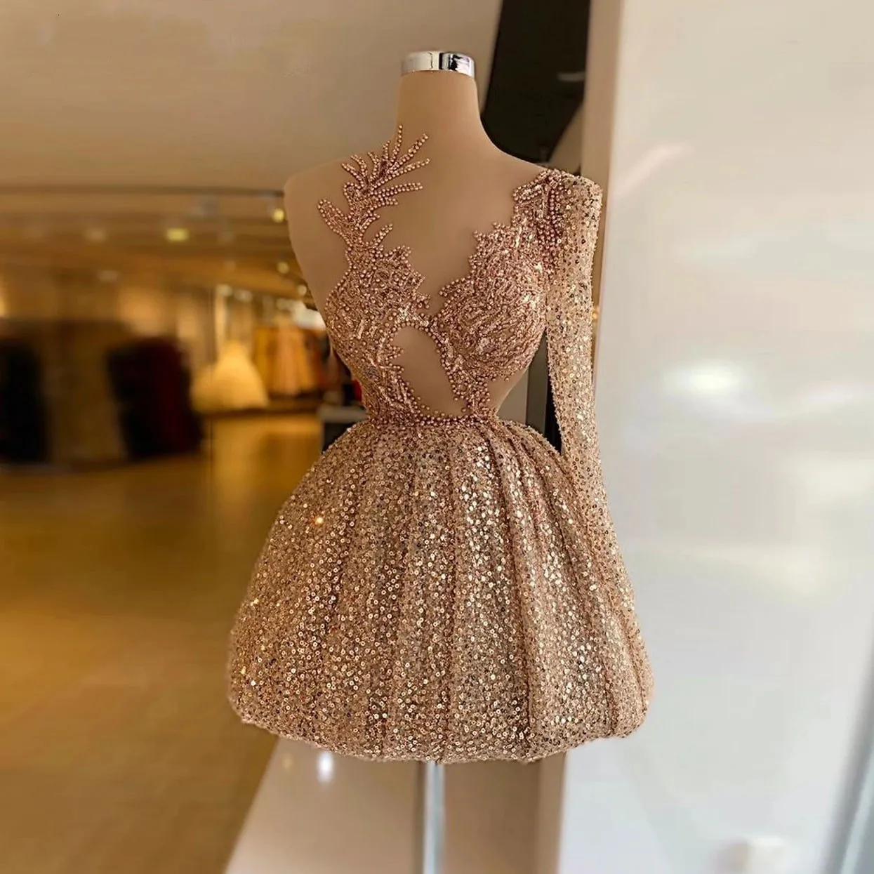 One Shoulder Long Sleeve Champagne Prom Dresses For Women 2023 Mini Short Party Dress Sequins Beads Homecoming Gown Abendkleider