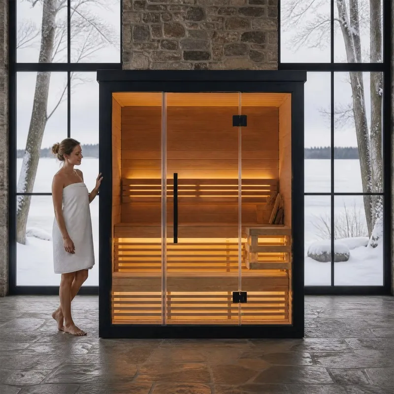 Custom Premium Hemlock Indoor Sauna, Floor-to-Ceiling Glass Front with Electric Stove for Home Spa Therapy Relaxation