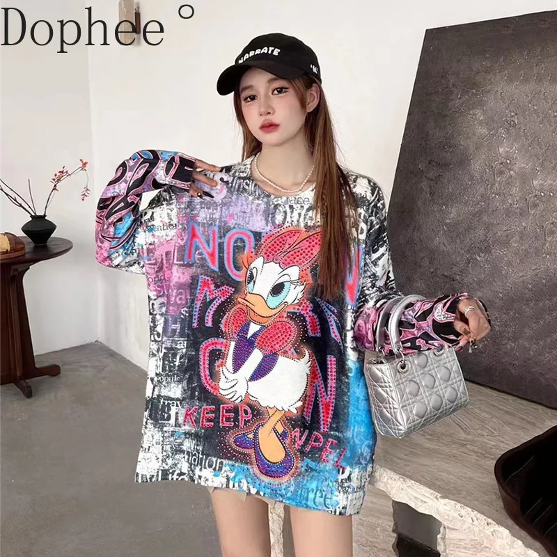 Imitation Mink Velvet Pullover Women Sweaters Fashion Hot Drilling Cartoon Printed Oversize Knitted Top Long Sleeve Basic Shirts