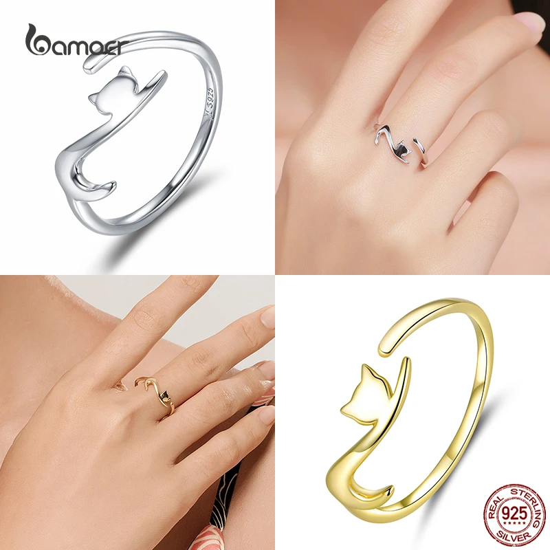 Bamoer Genuine 925 Sterling Silver Cute Cat and Mouse Ring per le donne S925 Open Animal Ring accessori per gioielleria raffinata per ragazza