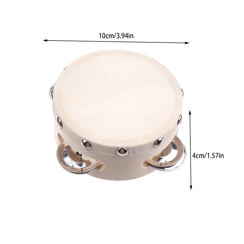 

4 Inch Hand Held Tambourine With Metal Single Row Jingle Sheepskin Drum Skin Wooden Children Educational Tambourines Musical Toy