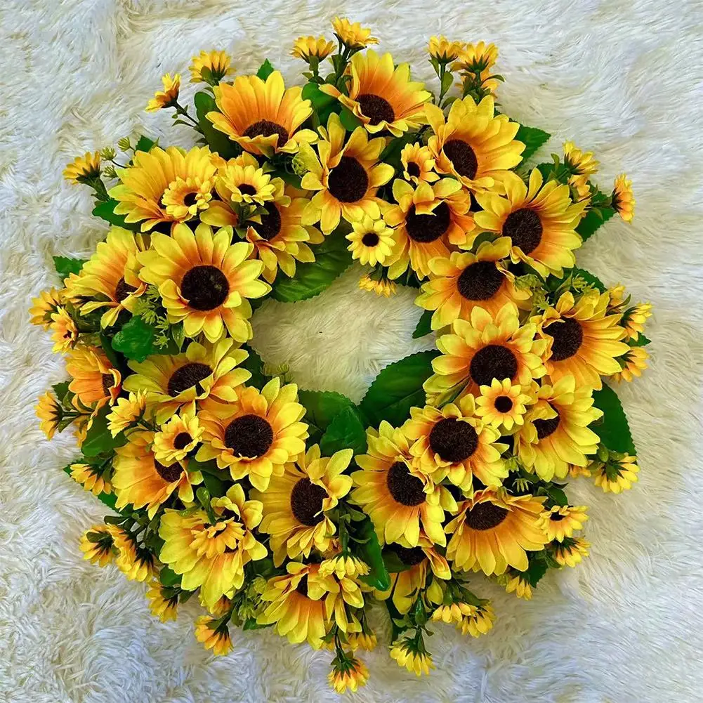

Artificial Sunflower Summer Wreath-16 Inch Decorative Fake Flower Wreath With Yellow Sunflower And Green Leaves For Front Door