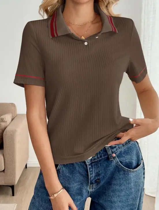 

Top Women 2026 Spring Summer New Retro Striped Turn-Down Collar Short Sleeved Versatile Casual Sports T-Shirt Top