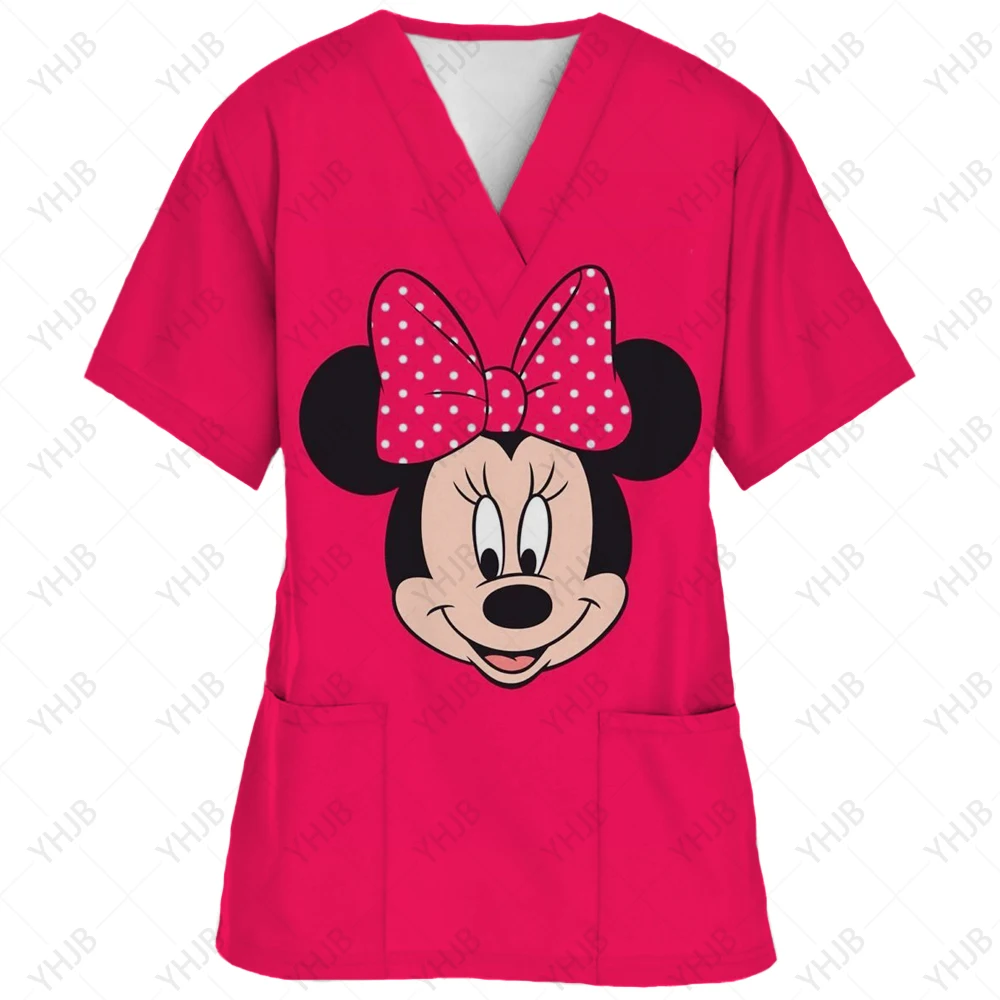 Disney-Women\'s Minnie Mickey Print Nursing Scrubs T-Shirt, Casual Tops, Short Sleeve, V-neck Pocket, Women Uniform