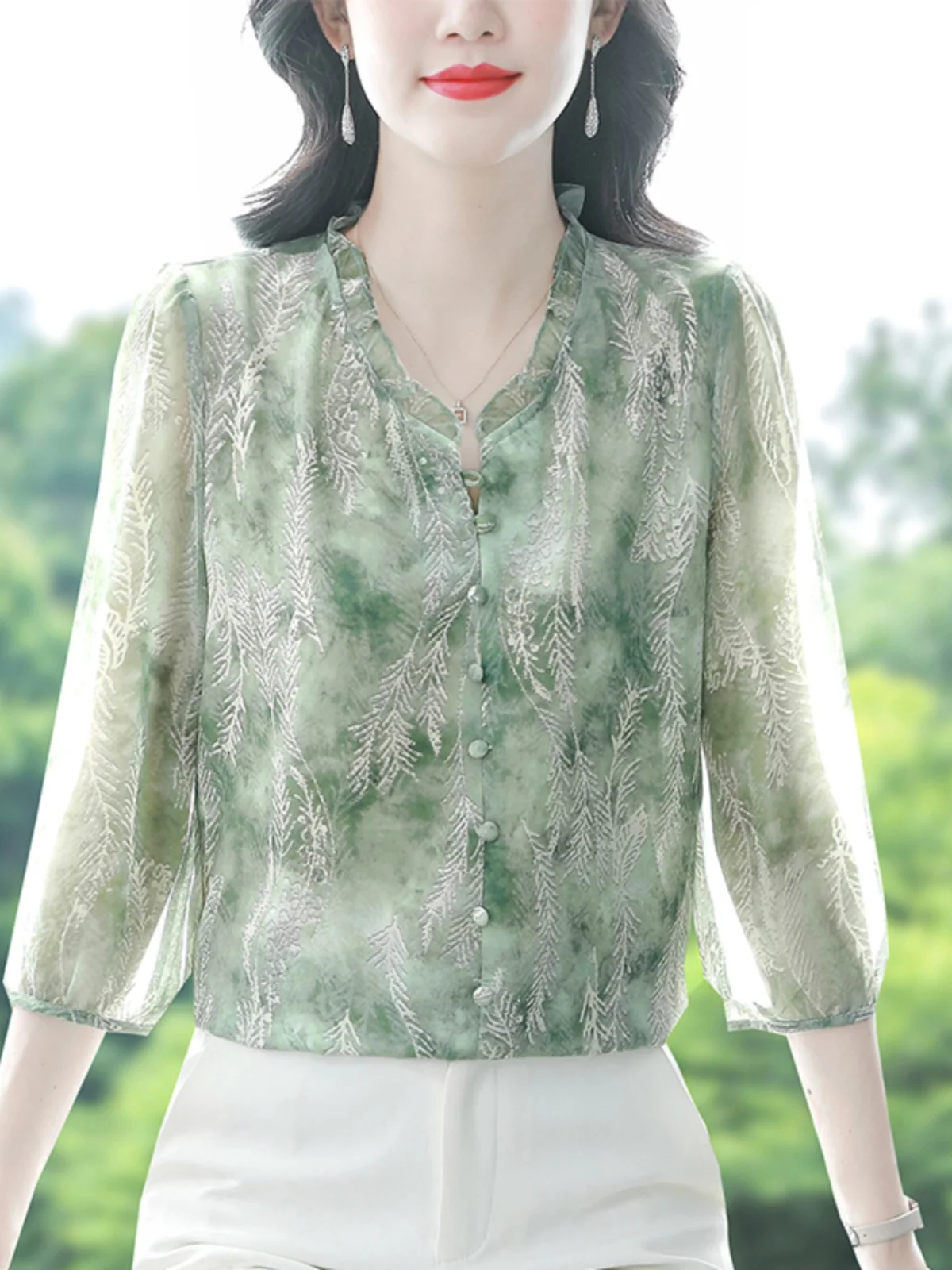 

Женская блузка из шифона с цветочным принтом, воротником-стойкой и рукавом 3/4, прямого кроя, в корейском стиле