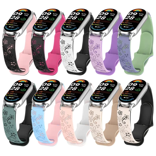 Imagen 1 del producto Pulsera de silicona con flores grabadas en 3D para Xiaomi Mi Band 9 10, correa de reloj inteligente, correa de reloj transpirable para Xiaomi Band 8 9 10