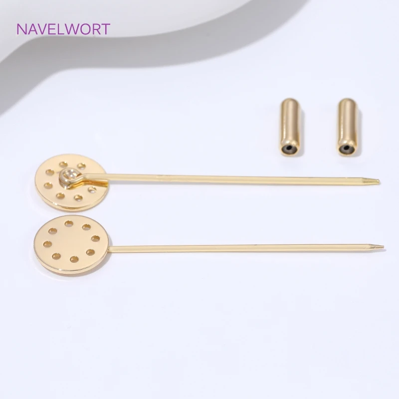 14K مطلية بالذهب بروش طويل دبابيس الأمان 12 مللي متر قاعدة فارغة الصواني ، DIY بها بنفسك دبابيس مستلزمات صناعة المجوهرات ، اكسسوارات للنساء