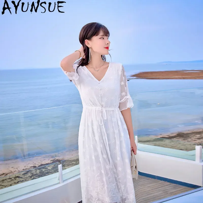 

95% Mulberry Silk Dress Women's New Summer Dress Fashionable Long Dresses For Women Two Piece Fairy White Dress Women's Clothing