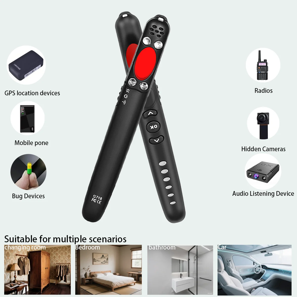 Gadget di sicurezza portatile: rilevatore di auricolari RF, scanner per telecamera spia, allarme antifurto da 130 dB per la sicurezza di viaggi/hotel, nero