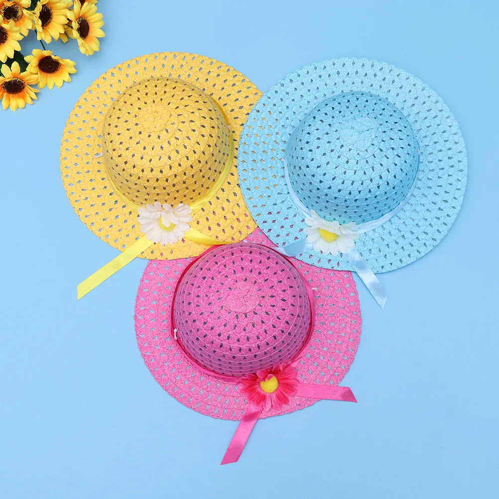 

4 шт., комплект соломенной шляпы для девочек, шляпа от солнца с подсолнухом, розовый, красный, синий, желтый, розовый для детей, праздничное платье в саду, детский костюм соломенной шляпы