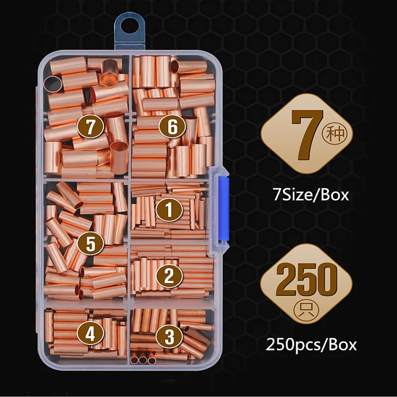 250 Pcs Copper connecting pipe wire joint 7 Sizes small copper tube intermediate joint direct connection pressure cold pressed