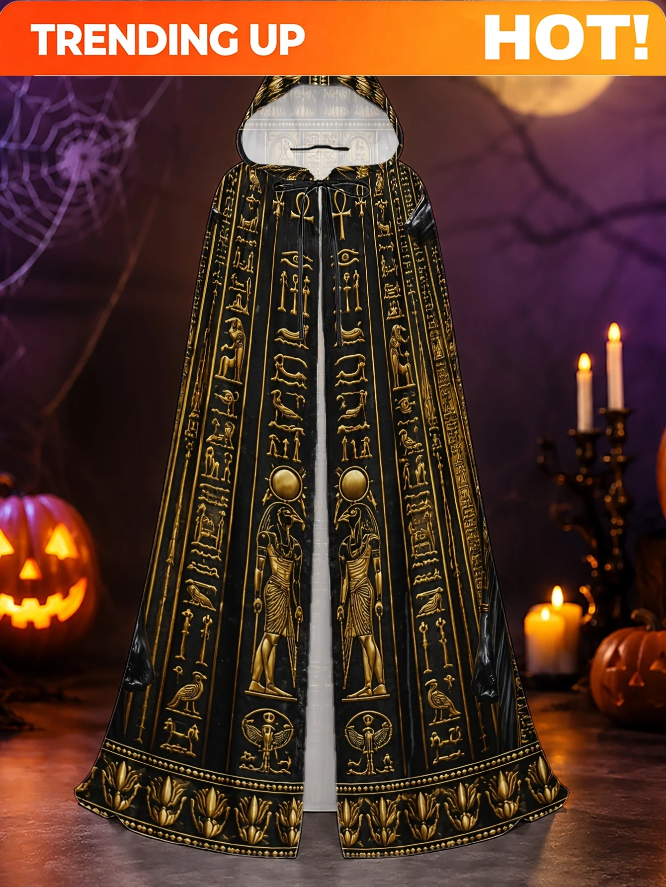 Customization 1pc Unisex Adult Hooded Robe With Ancient Egyptian Anubis Statues In Golden Pattern, Polyester Cape For Halloween