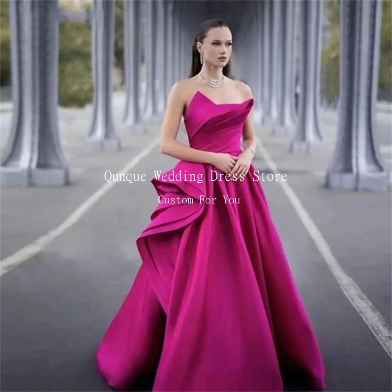 Qunque A-line Satin Evening Dresses Dubai Arabic Women Party Formal Gowns Long Fuchsia Prom Dress Customized Vestidos De Fiesta