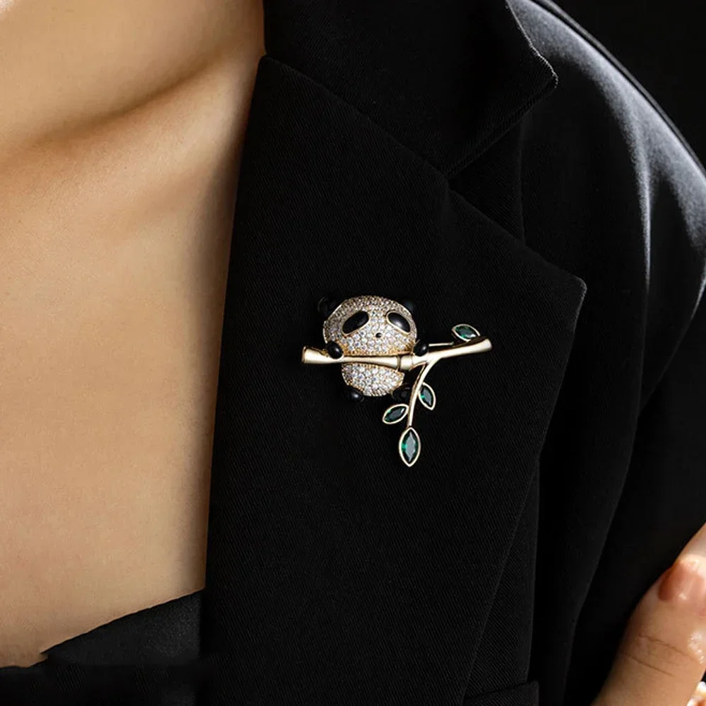 Cute Bamboo Panda Shaped Brooch Shiny Rhinestone Inlaid Metal Animal Lapel Pin For Women Dress Coat Sweater Corsage Accessories