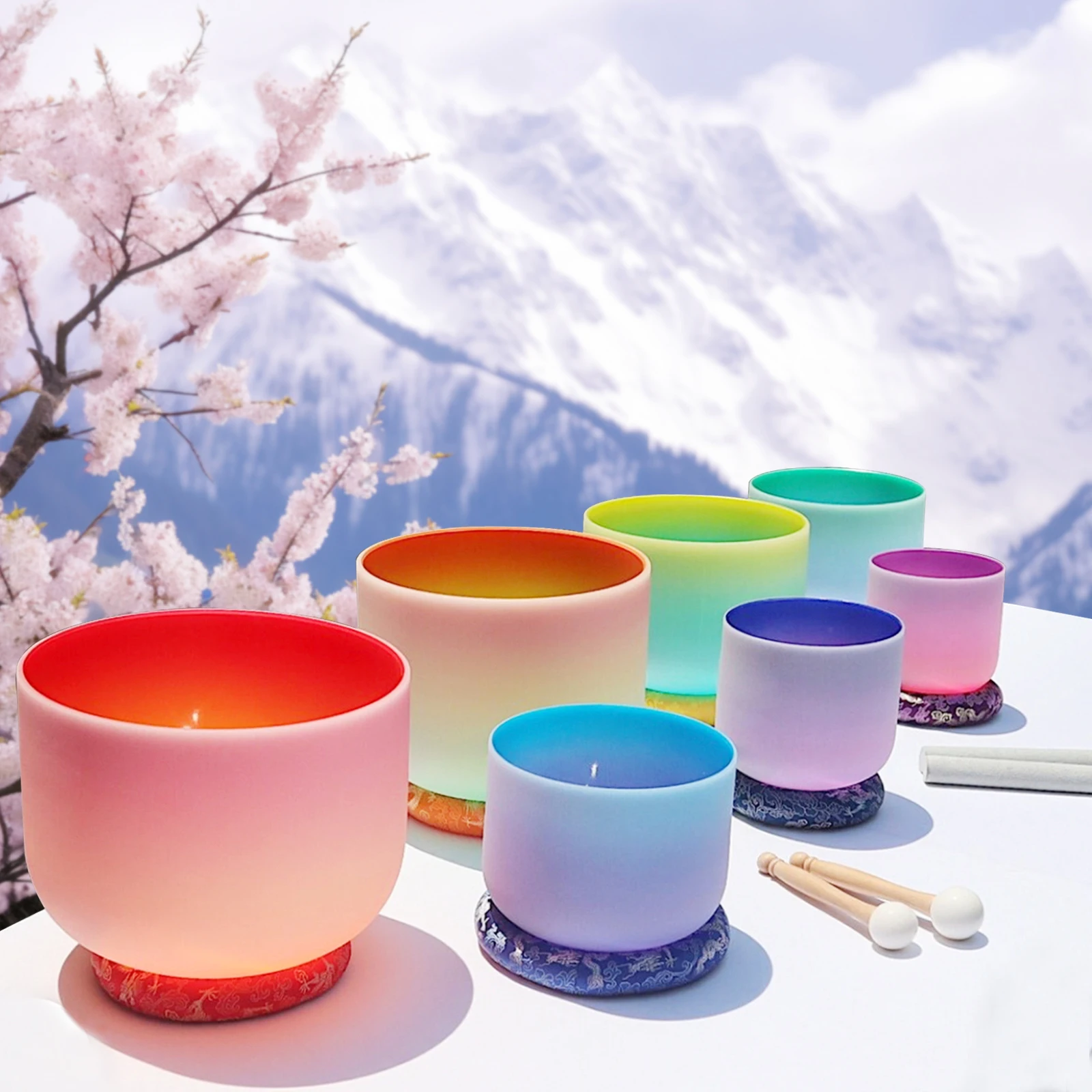 Hye-eun 7-12 Inch Crystal Singing Bowl Set 7pcs Chakra Color Quartz Sound Bowls With Canvas Carring Case and Suede Sticks Mallet