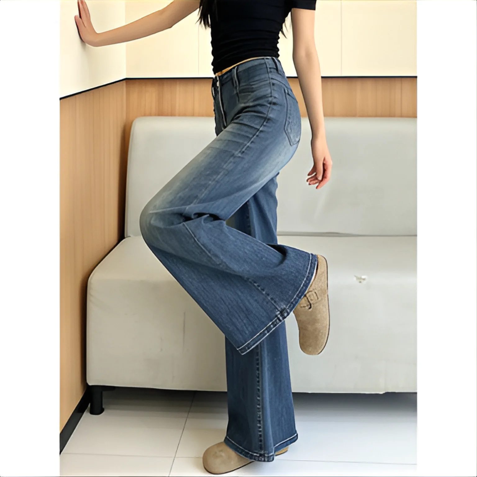 

Женские джинсы Bootcut в корейском стиле, обтягивающие бедра, теплые, серые, зима 2029, женские джинсы с блестящими камнями и вышивкой, прямые мешковатые брюки GF