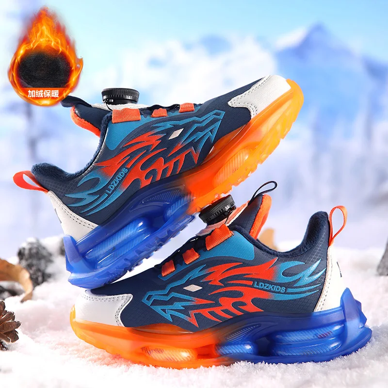 

2025 Fashion Dragon Pattern Kids Sneakers Plush Warm Winter Cotton Shoes for Boys Leather Anti-skid Children Winter Sports Shoes