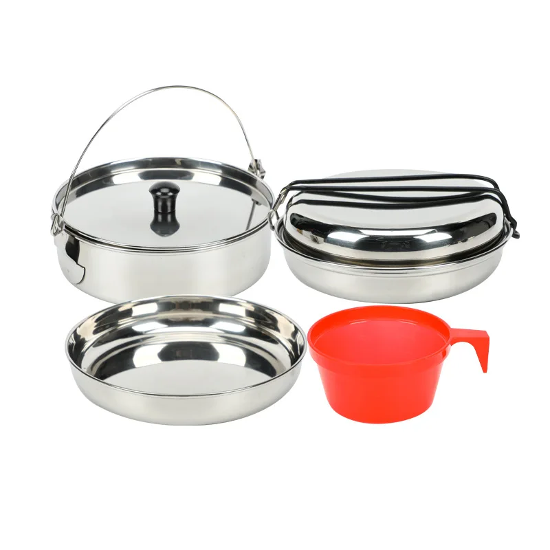 

Stainless Steel Camping Pot Frying Tray Tableware Cookware Stackable Storage Pot with Anti Scald Handle with Storage Bag