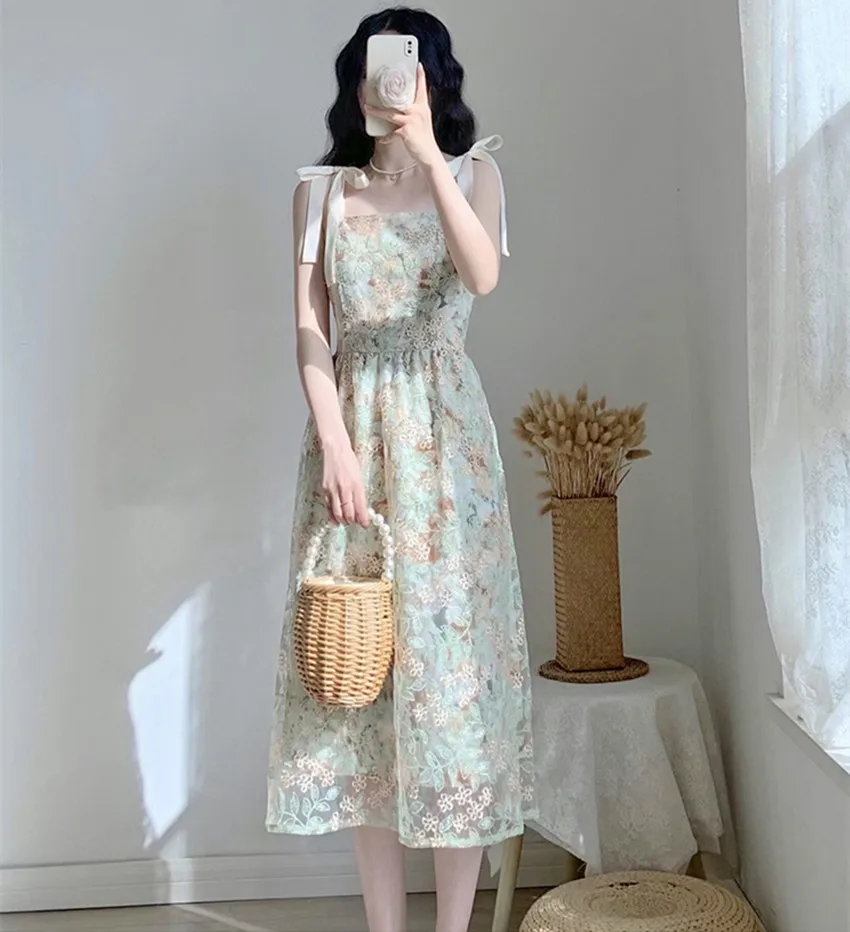 JSXDHK-Vestido feminino francês de flor de verão vintage, elegante sem mangas, alça de espaguete, bordado floral em malha Midi Vestidos, novo, 24