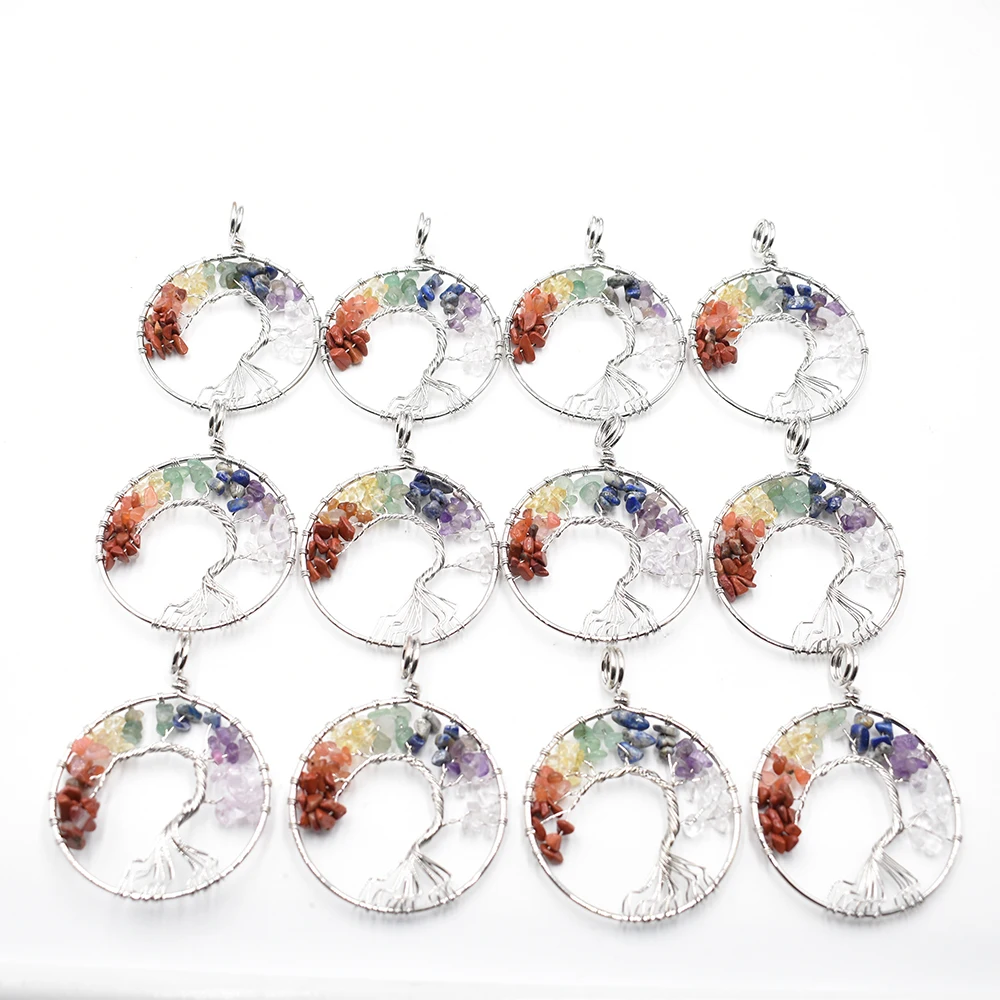 

Wholesale 12pcs/lot Fashion mixed natural stone Tree of life Silver plated wire wrapped Pendants 50mm for jewelry marking