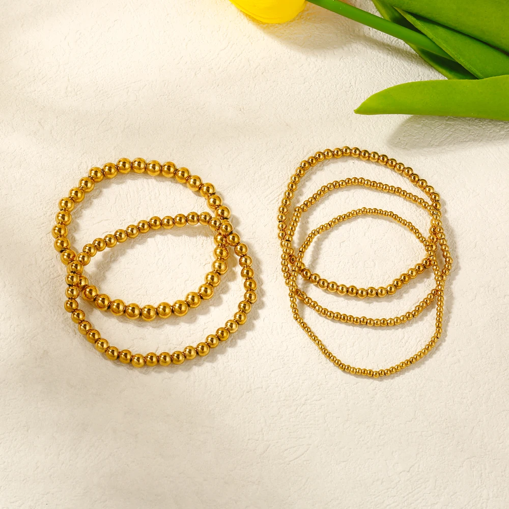 Badu Stainless Steel Gold Color Beaded Bracelet for Women Men 3/4/5/6 MM Ball Beads Stack Stretch Bracelet Waterproof Jewelry
