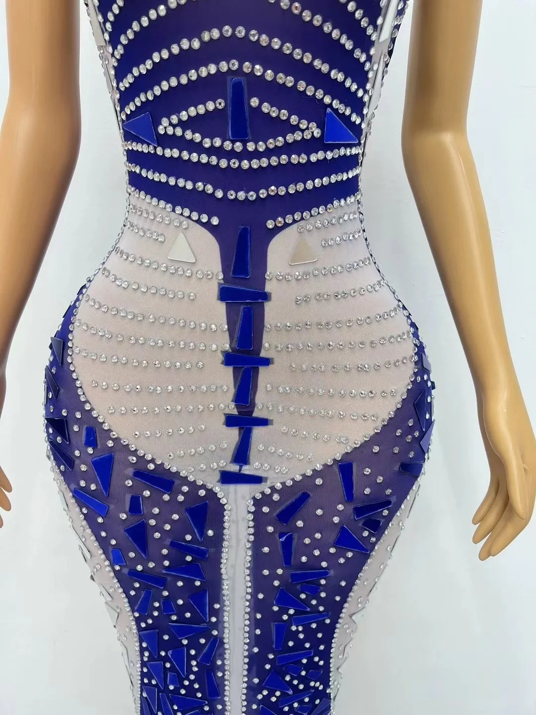 Mode-Design Blau Spiegel Strass DressMesh Stretch Geburtstag Party Outfit WomenSänger Leistung Sexy Kostüm maitianC132