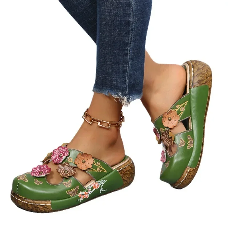 Summer Retro Plum Blossom Baotou Slippers Women\'s New Fashion Totem Thick Sole Anti Slip Sandals Outdoor Beach Flat Casual Shoes