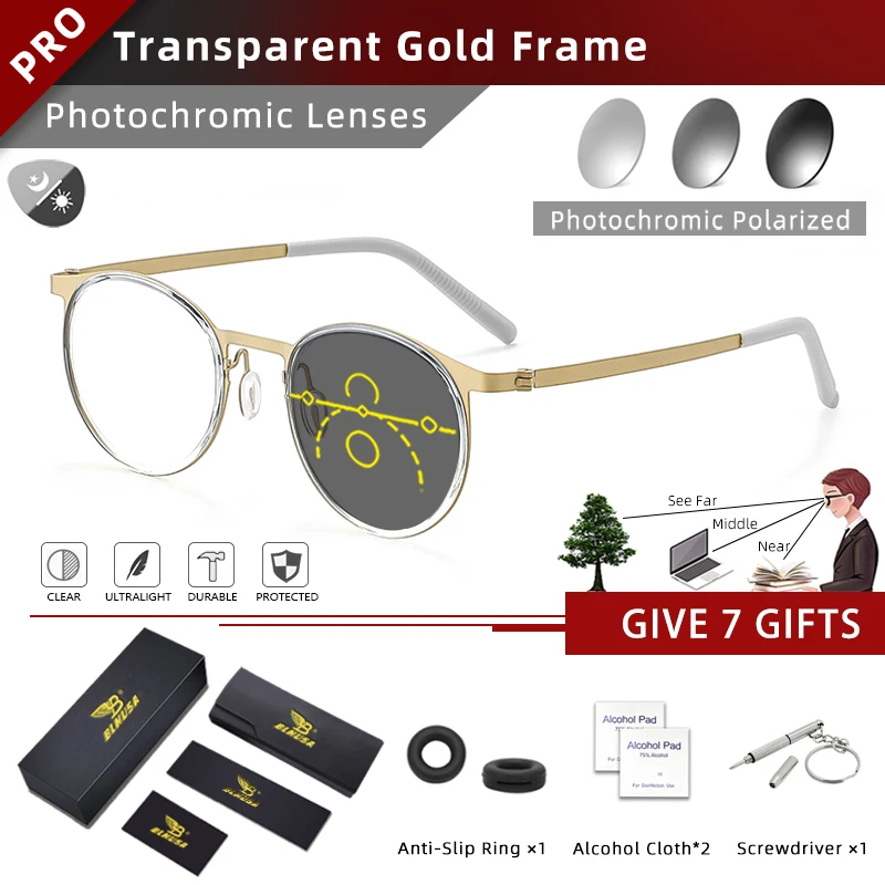 BLMUSA Vintage Round Optical Frame Anti Blue Light Reading Glasses for Men Ultralight Titanium Progressive Photochromic Glasses