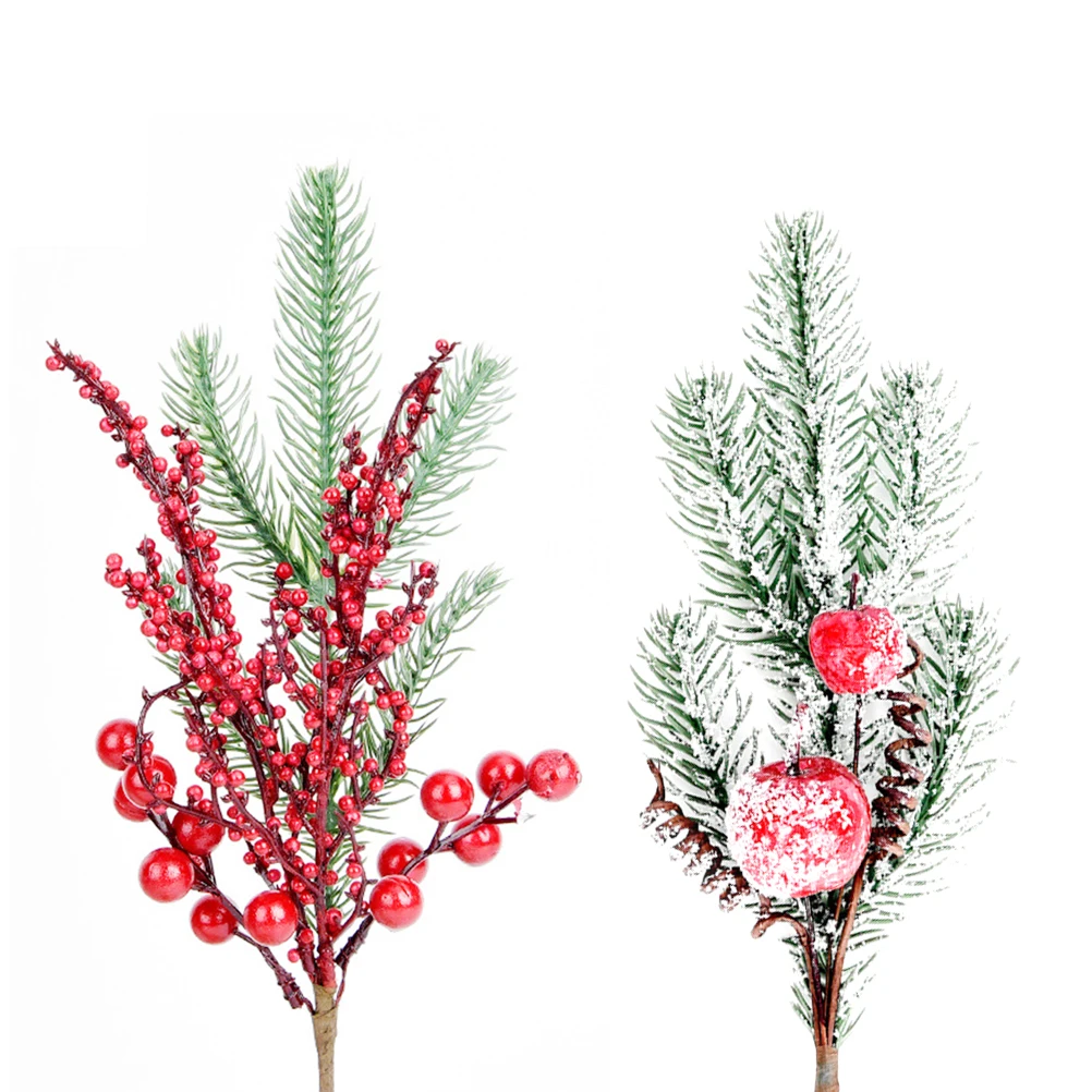 

2 PCS Artificial Red Fruit Cuttings Christmas Tree Ornaments Sticky White Pine Needles Decor Decorate Decorations