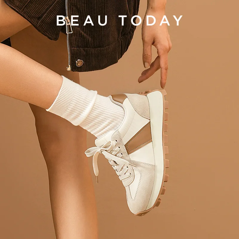 BEAUTODAY Sneakers Women Pig Suede Leather Fabric Mixed Colors Lace-Up Trainers Ladies Casual Shoes Handmade 29576