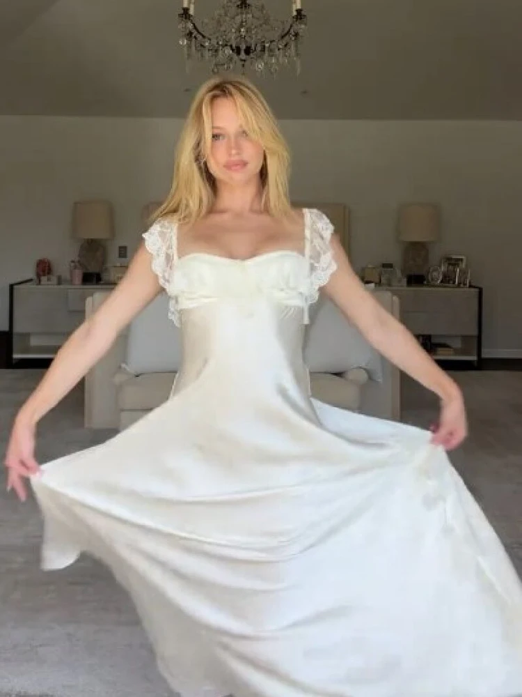 Damen Einfarbiges Langes Kleid mit Spitzenbesatz Schicker Quadratischer Ausschnitt Rückenreißverschluss Figurbetonte Maxi-Rock Elegantes Sommer-Party-Club-Urlaubs-Outfit – Detail 8