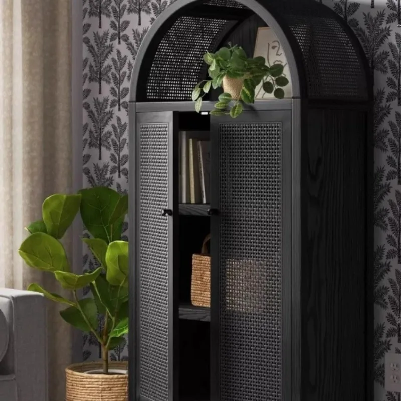 

Solid wood braided rattan children's bookcase, retro arched decorative locker in the living room, storage cabinet against