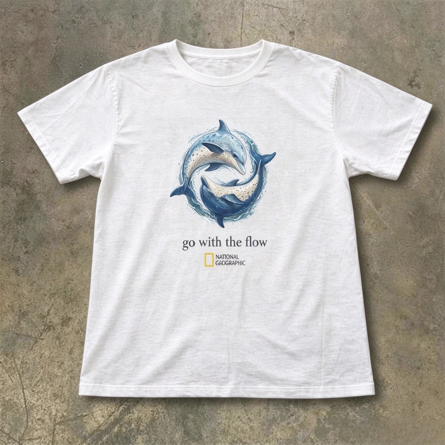 Black National Geographic Short Sleeved T-shirt with Dolphin Pattern and The Words' Go with The Flow 'printed on It
