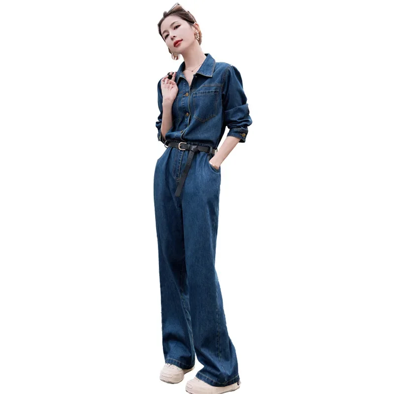 Women Denim Jumpsuits Autumn One-piece Pants Jeans Casual Waist Slimming Wide Leg Pants High Waist Belt Loose Pocket Long Sleeve