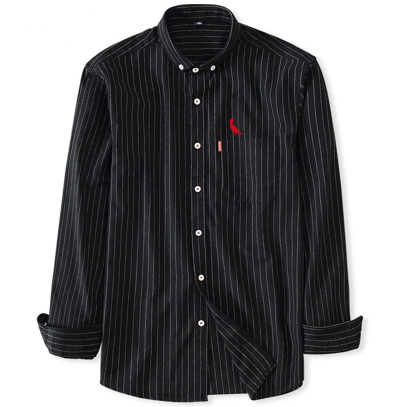 2022 Camisas Spring and Autumn Stripe Shirt Men's Long Sleeve Casual Versatile Wrinkle Resistant Japanese Retro Black Shirt