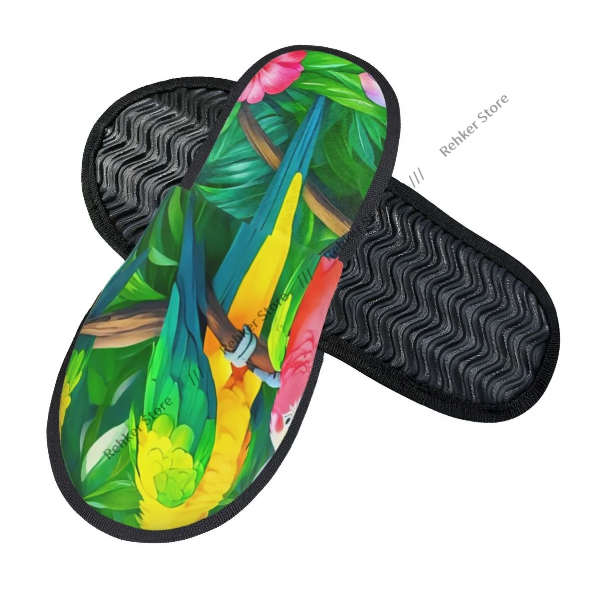 Soft Plush Cotton Tropical Parrot And Flowers Illustration Slippers Shoes Non-Slip Floor Indoor Furry Slippers For Bedroom