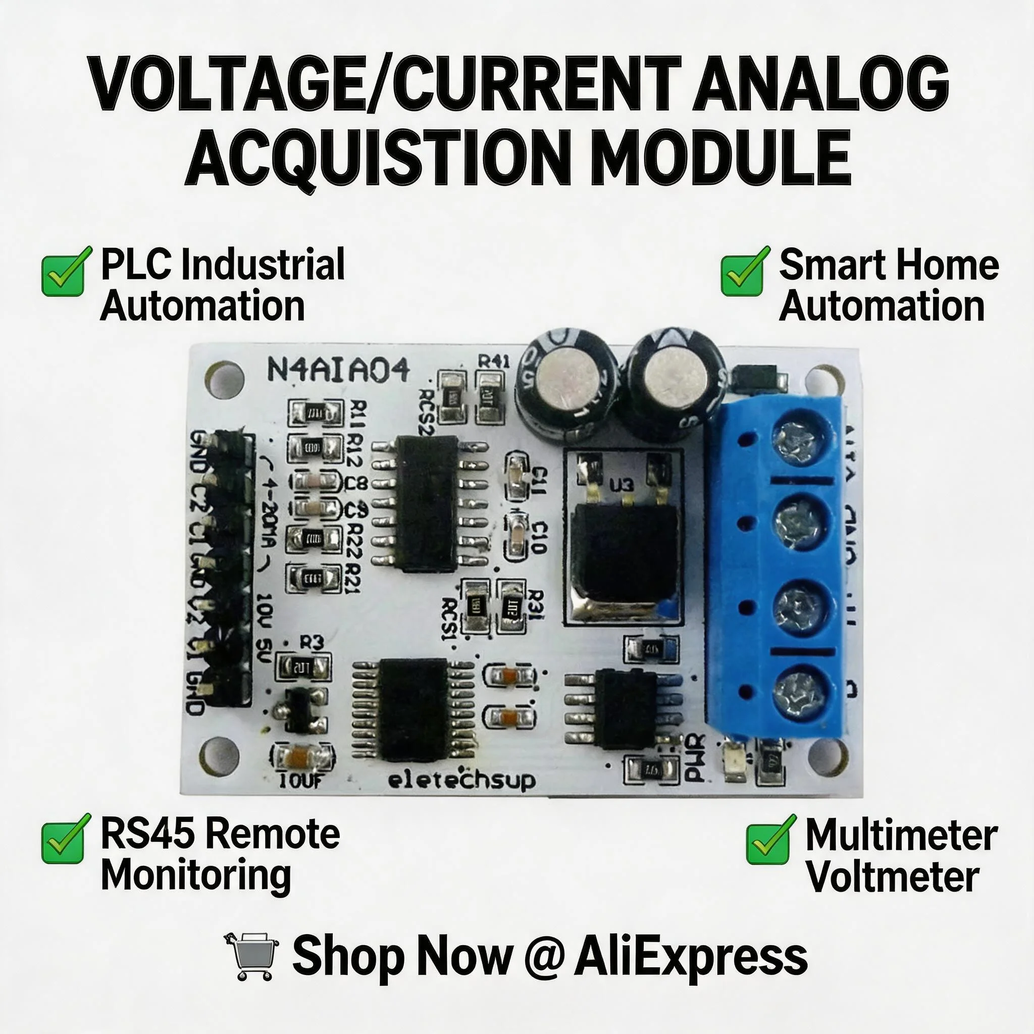 4CH 4-20mA 0-10V Analog Acquisition Module, RS485 Modbus RTU ADC Signal Collector for PLC Measuring