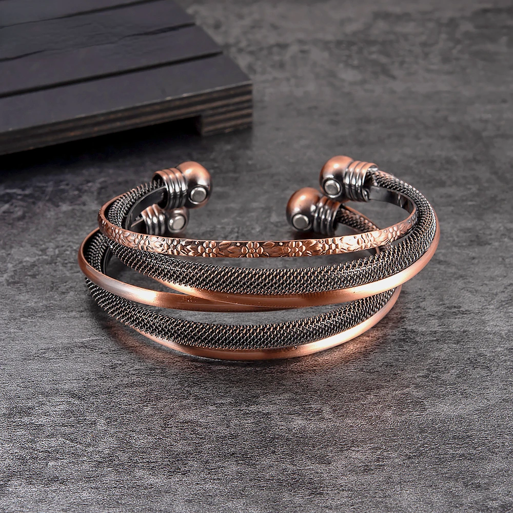 Pure Copper Bracelets Magnetic Adjustable Open Cuff Vintage High Magnet Bangles Flower Health Energy Jewelry Resizable