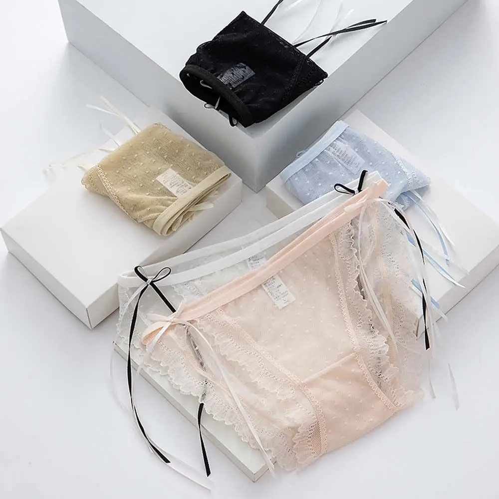 

Дышащие корейские сетчатые трусики со средней талией и бантом, пикантные трусики в горошек, трусики в горошек, женские интимные кружевные трусики