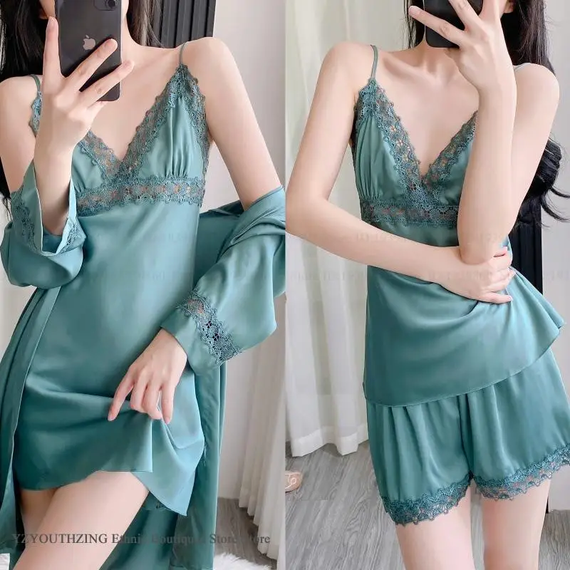 

Summer New Mujer Pijama 4Pcs Set Sexy Patchwork Lace Kimono Bathrobe Gown Lingerie Loose Satin Pajamas Home Clothes Sleepwear