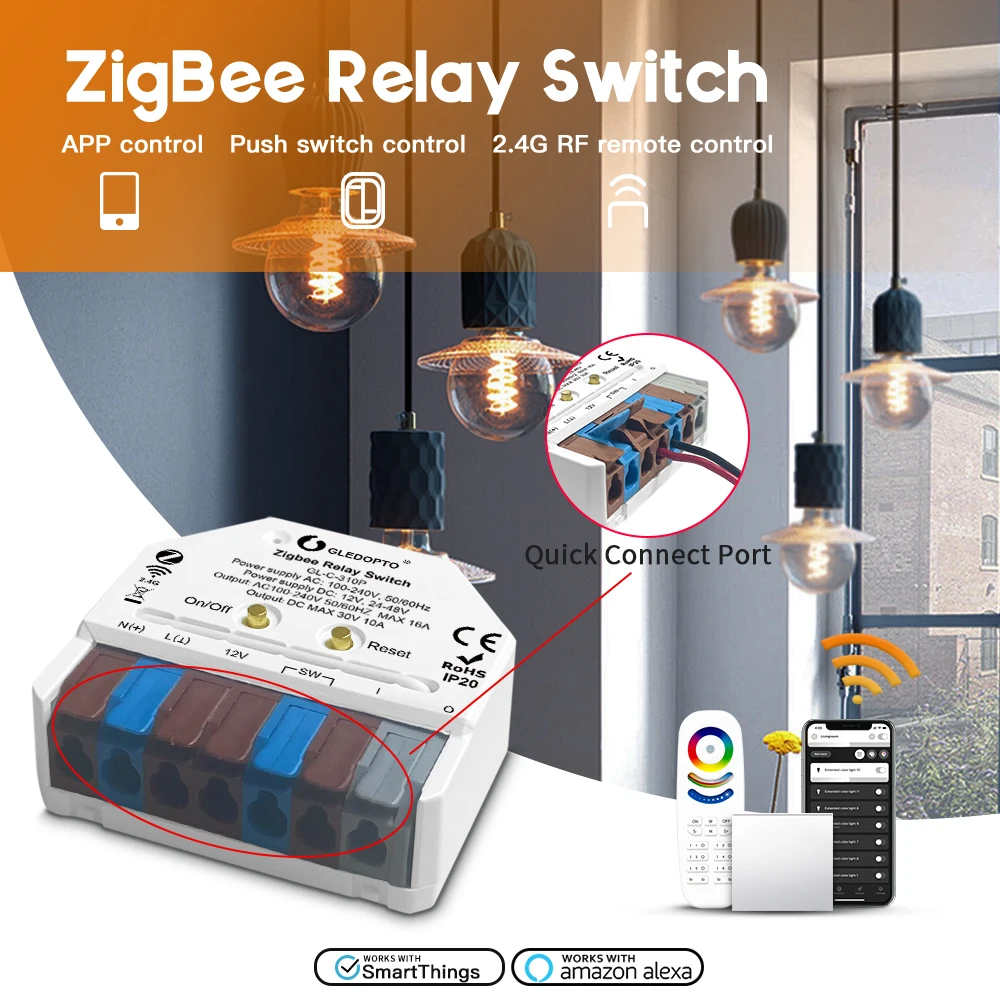 ZigBee 3.0 Relay Switch Versatile Input Voltage AC DC Power App Voice Control Push Switch For Alexa Tuya SmartThings Hub Needed