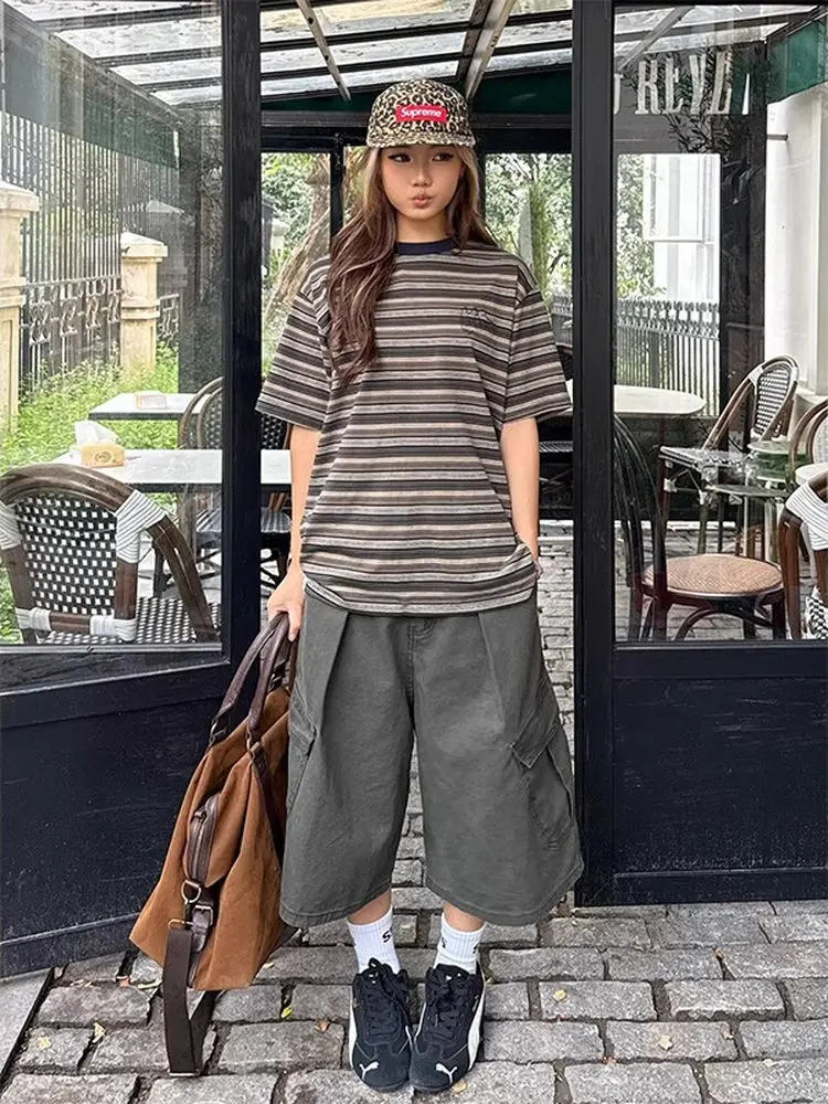 

Retro American Waed Multi-ket Workwear orts Men's Summer New Casual Loose Wide Leg Seven-Foot Pants Youth Vitali Sle