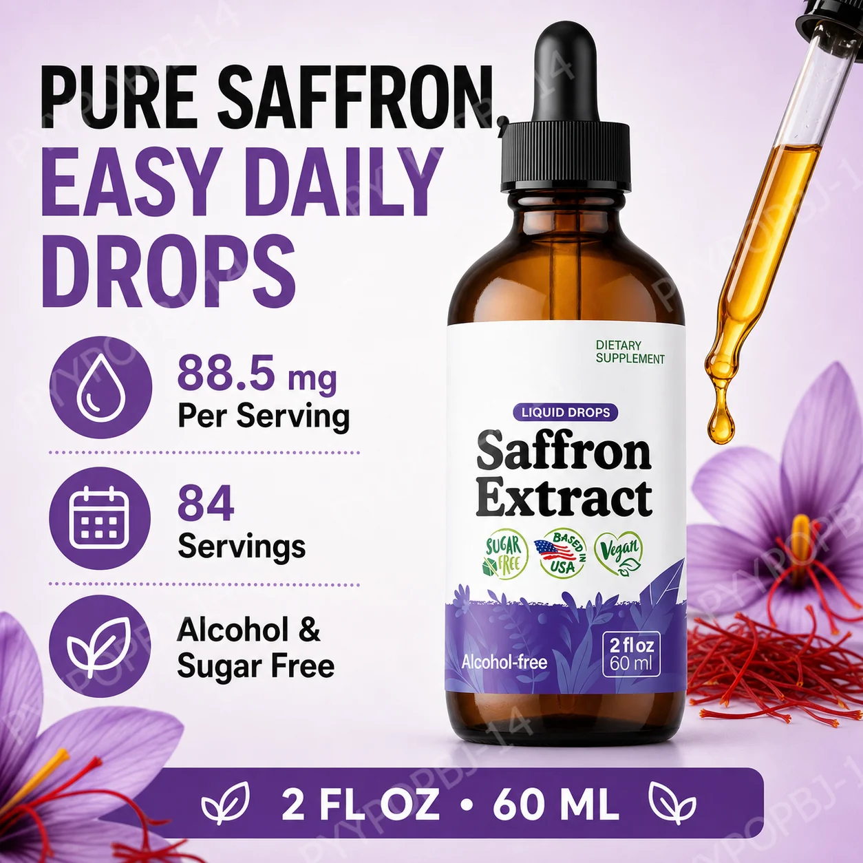 Organic Saffron Liquid Extract Drops Plant Based Herbal Supplement  Vegan Sugar  Alcohol Free 60ml Daily Health Supplements