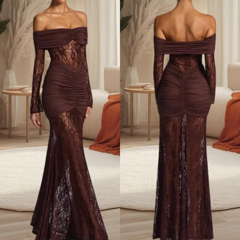 

Midi Dresses Mini Dresses Women Sexy Hollow Out One Neck Slim Fit Long Sleeved Fish Tail Long Dinner Vacation Party Dresses New